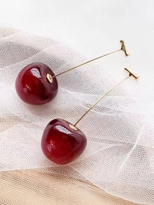 Drop-oorbellen | Kersen-hangende kunstkralen met druksluiting | Rood