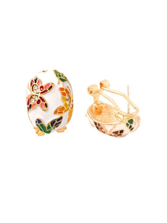 Oorknopjes | Wit bloemenmotief, geometrische steen | Emaille
