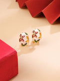 Oorknopjes | Wit bloemenmotief, geometrische steen | Emaille